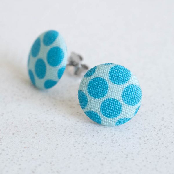 Blue Polka Dot Fabric Button Earrings