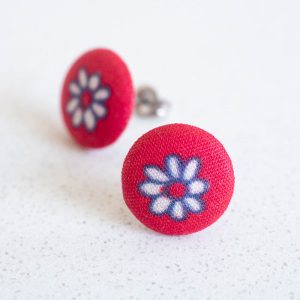 Red Daisy Fabric Button Earrings