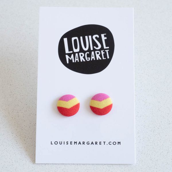 Geometric Fabric Button Earrings -Red Pink Yellow