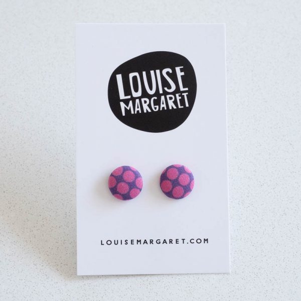 Purple Polka Dot Fabric Button Earrings
